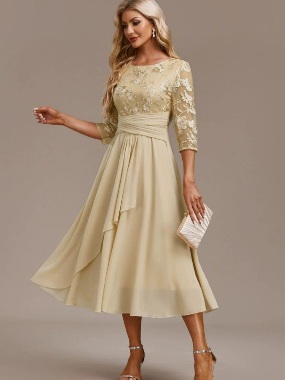 ZARA Elegant Lace Chiffon Round Neck Patchwork Maxi Dress for Women